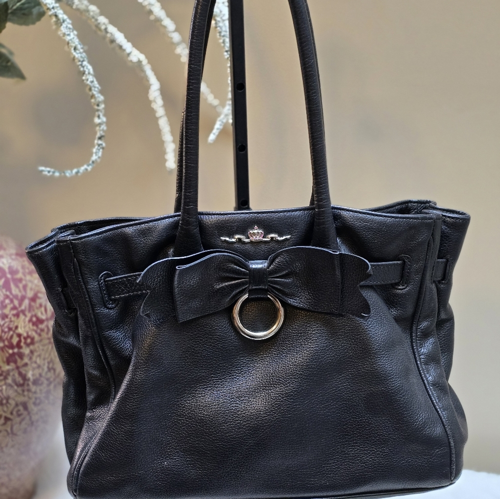 My Flat in London Mfil Black Leather Shoulder Bag w/Ribbon